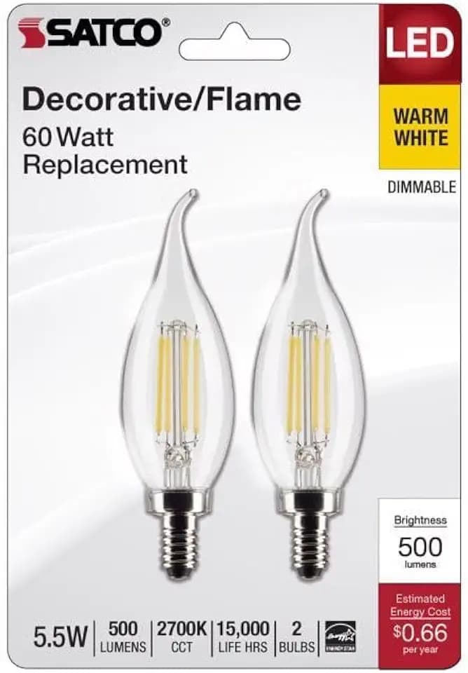 Satco 3012445 60W Equivalence CA10 Flame Tip E12 Candelabra Filament Warm White LED Bulb Pack of 2
