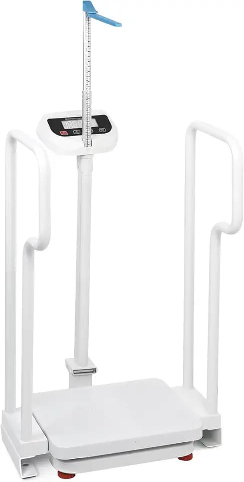 Scale with Handle, Scale for Seniors with Balance Handle, Standing Scales with Handrails, 485lbs Weight Capacity, HD LED Display, USB Rechargeable