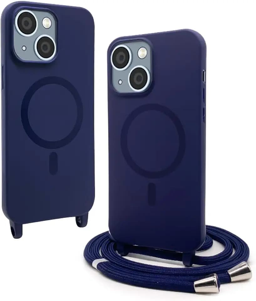 Silikon Schutzhülle kompatibel mit iPhone 14 Max(6.7"),Kabellosem Laden,Silikon Stylische Verstellbarer Halskette Handyhülle-Marineblau