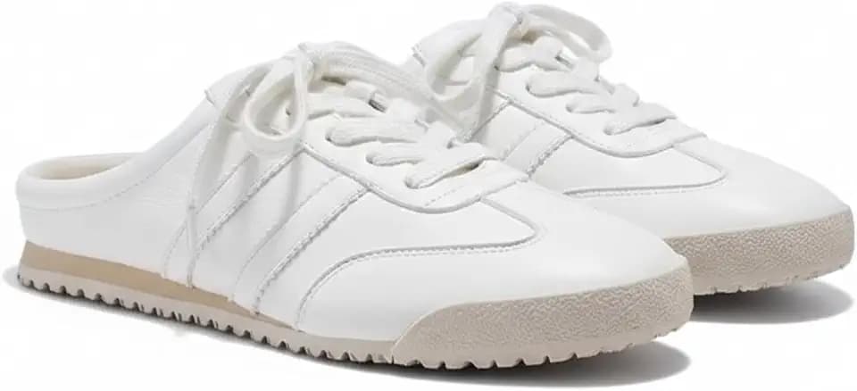 Women's Retro White Mule Sneakers, Minimalist German Trainer Slides, Soft PU Leather Backless Slip On Shoes, Lightweight Non-Slip Walking Loafers for Casual Summer, Clean Girl Aesthetic