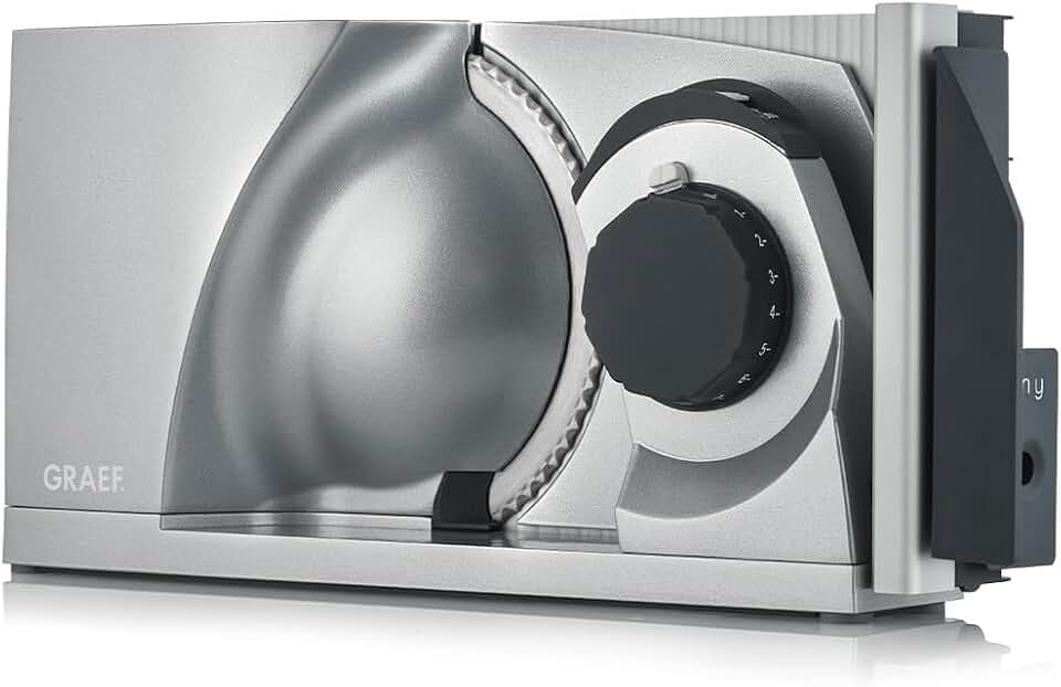 GRAEF MYtiny MT1000 - Klappbarer Allesschneider, Made in Germany, Vollmetall, Wellenschliffmesser Ø170 mm, Schnittstärke 0-15 mm, Motor 45-170 W, Brotschneidemaschine klappbar, Kompakt, Silber