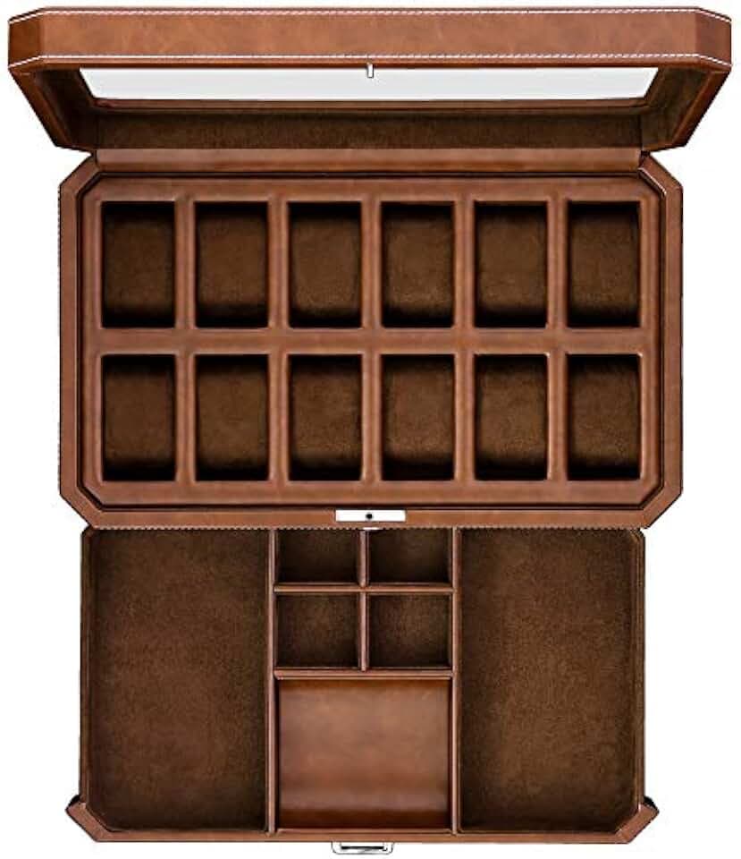 ROTHWELL 12-Fach-Leder-Uhrenbox mit Valet-Schublade – 12-Fach-Luxus-Uhrenetui, Display-Organizer, Microsuede-Einlage, Herren-Accessoires-Halter, Schmuckkästchen, Schmuck-Display-Organizer (Tan/Braun)