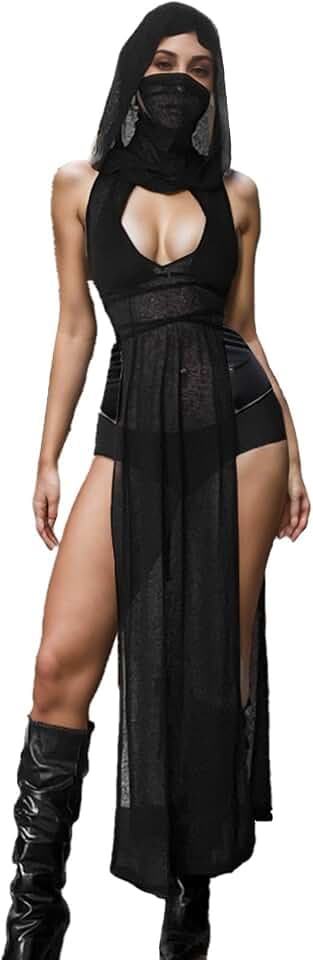 Damen Sexy Durchsichtiges Gothic Kleid mit Kapuze, Kragen Hals ärmelloses Halloween Kostüm EDM Festival Rave Outfit