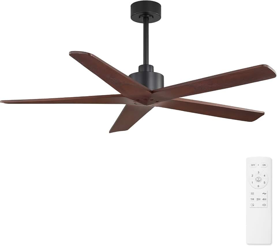 WINGBO 54 Inch Ceiling Fan without Lights, 5 Carved Solid Wood Blades, 7-Speed Noiseless Reversible DC Motor, Indoor Outdoor Ceiling Fan No Light for Bedroom Living Room Patio, Black and Walnut