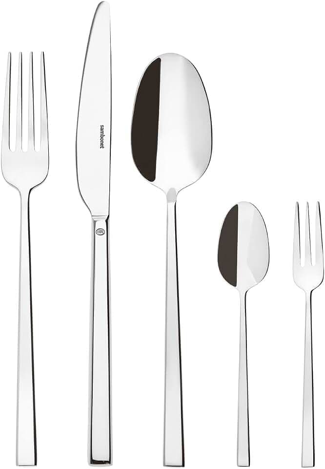 Sambonet 52562-N2 Rock Edelstahl - Monoblock Tischbesteck in 18/10 Edelstahl, für 12 Personen, 60 Teile: 12 Gabeln, 12 Löffel, 12 Messer, 12 Teelöffel, 12 Kuchengabeln, Silber