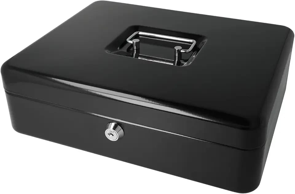 Westcott Geldkassette abschließbar (groß, 30 cm) Schwarz | Abschließbare Box aus Stahlblech mit 2 Schlüsseln | Herausnehmbare Einlage für Münzen mit 5 Fächern | E-51002 BLACK