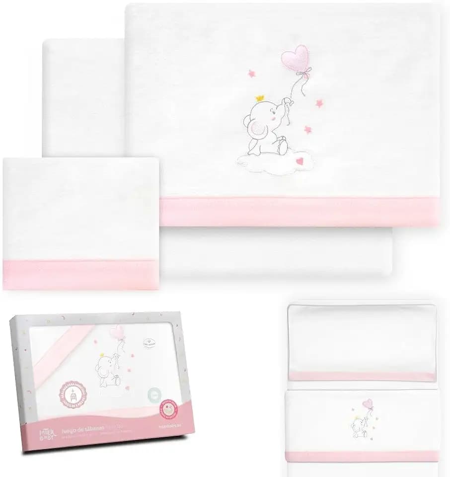 Interbaby - Bettwäsche-Set für Kinderbett, 50 x 80 cm, 100% Baumwolle, warm, Flanell, inkl. Spannbettlaken, Bettbezug und Kissenbezug, ideal für den Winter, Elefantenballon-Herz, Weiß/Rosa