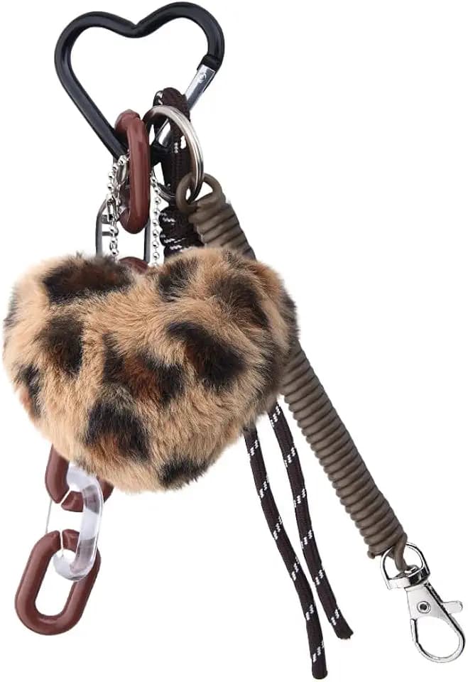 Guqqeuc Leopardenmuster Schlüsselanhänger, flauschiger Herzanhänger aus Kunstfell, für Autoschlüssel, Tasche, Zubehör, Charm, Multi, S