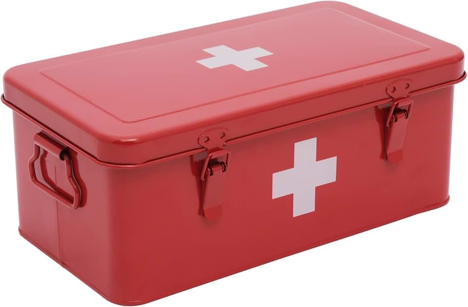 Erste-Hilfe-Medizinbox, Erste-Hilfe-Set Zubehör, Metall-Medizin-Aufbewahrungsdose, Erste-Hilfe-Leerbox mit Sicherheitsverschluss für Zuhause, Notfallwerkzeug-Set, rot