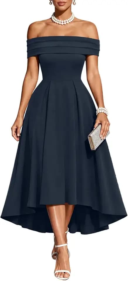 Pinup Fashion Cocktail Party Off Shoulder Formal High Low A-Line Midi Dress