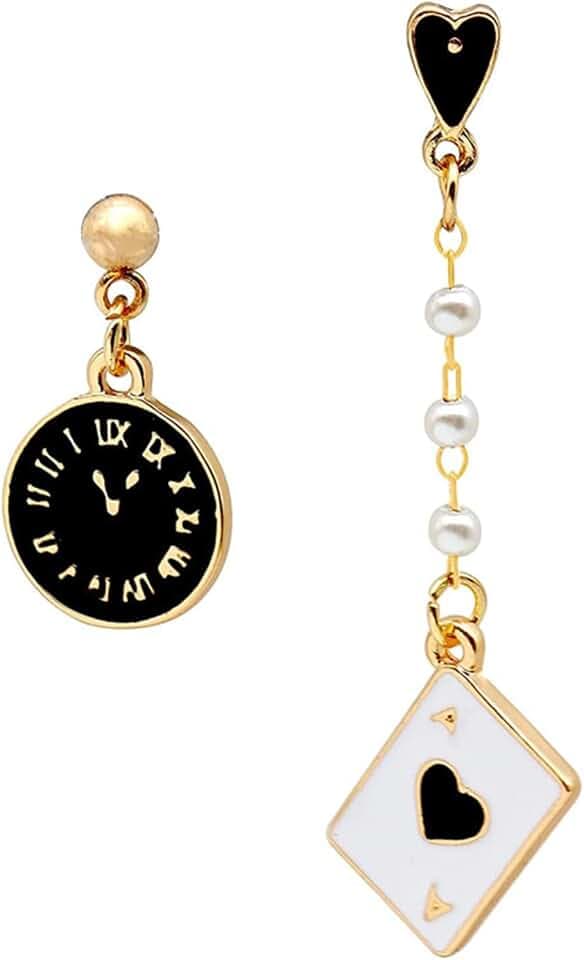 MALOYANVE Asymmetric Clock Poker Dangle Earrings Creative Playing Cards Red Hearts A Long Pentagram Alarm Clock Drop Earrings for Women Birthday Gambling Casino Jewelry Gifts
