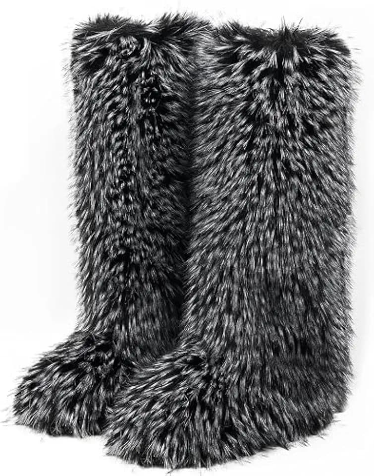YXCFEWD Faux Fur Snow Boots for Men,Knee High Furry Boots Fuzzy Fluffy, Men's Flat Winter Warm Long Boots(Frost,7)