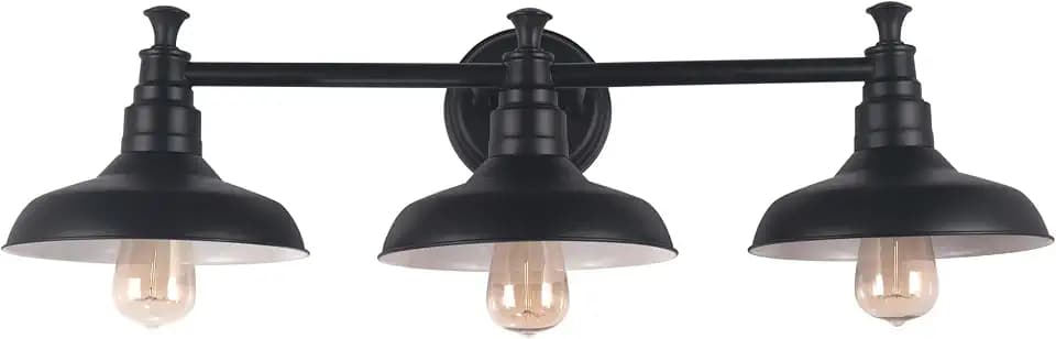 Design House 588533 Kimball Industrial Farmhouse 3-Light Indoor Bathroom Vanity Light Dimmable with Metal Shades for Over The Mirror, Matte Black