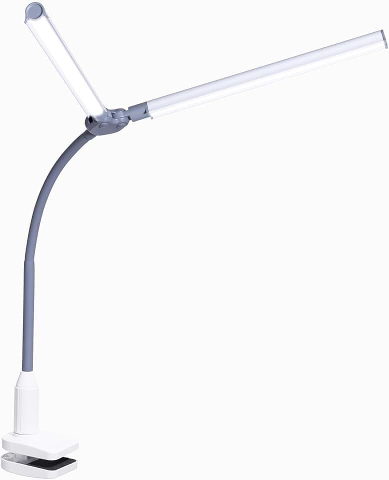 daylight DuoPro™ Clamp Lamp - High CRI 95+, Double Head Design, LED (6,000K, 2100 Lux), Anti-Glare Shades, 4 Brightness Levels, Flexible Arm, Sturdy Clamp (Grey/White)