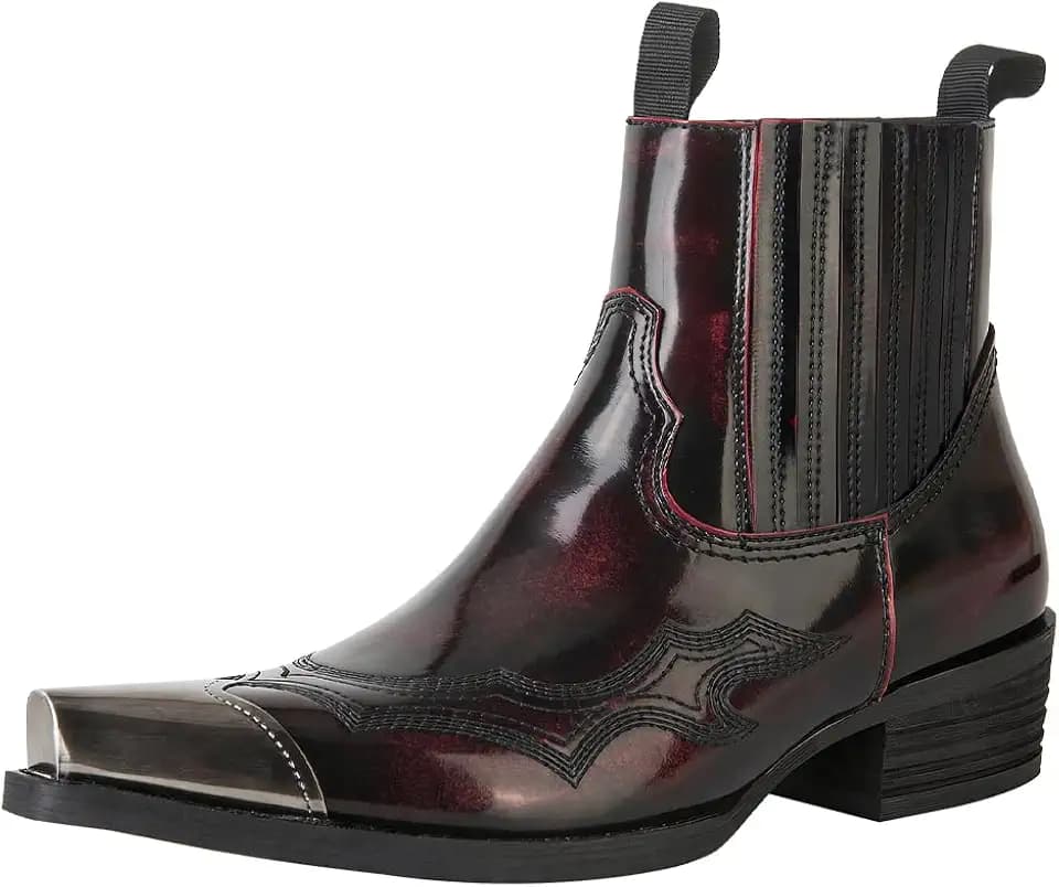 Men's Vintage Patent Leather Chelsea boots, Steel Toe Chelsea Ankle Boots with Embroidered Detail