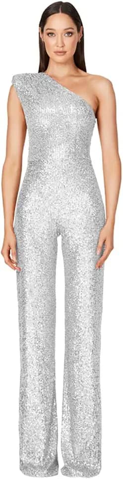 Aelidiya Sequin Off Shoulder Sleeveless Jumpsuits Sparkly Sequin Rompers High Waisted Wide Leg Pants Suit