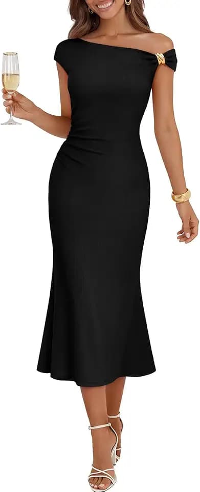MEROKEETY Women's Wedding Guest One Shoulder Dresses 2026 Summer Formal Elegant Cocktail Party Midi Dress