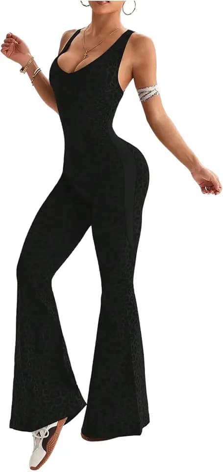 Verdusa Women's Cheetah Print Workout Sets Yoga Flared Pants Jumpsuits