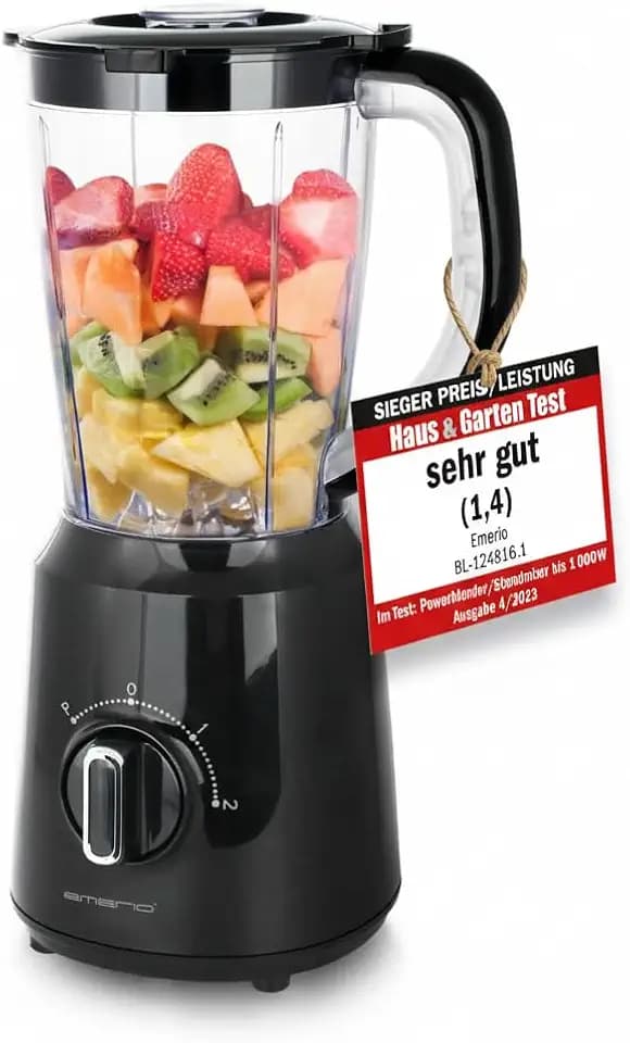 EMERIO Standmixer mit 1.5L Mix-Behälter| Crush Ice Funktion | 2 Geschwindigkeiten + Pulse Funktion | Messereinheit aus Edelstahl | Sicherheitsschalter | geschirrspülgeeignet | 500 Watt | BL-124816.8