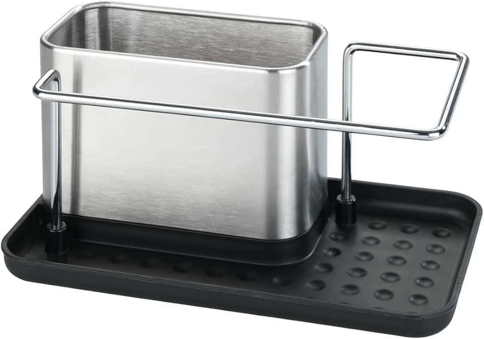 WENKO Spülorganizer Orio, hochwertiger Spülbecken-Organizer aus rostfreiem Edelstahl, Spülbecken-Caddy mit viel Stauraum für Spülmittel, Spültuch, Schwamm, 21 x 10,5 x 12 cm, Silber matt