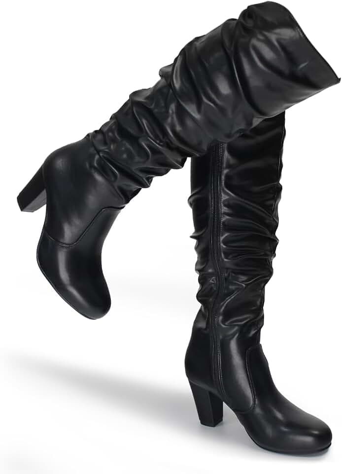 Hawkwell Women's Black White Fall Winter Chunky High-heel Side Zip Knee High Boots