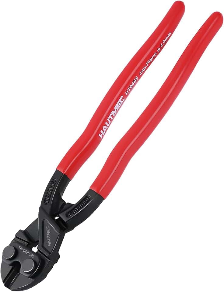 HAUTMEC 10 Inch Mini Bolt Cutters, High Leverage Compact Bolt Cutter, Anti-Slip Comfort Grip, CRV Steel Blade with Recess, Cuts Rods, Bolts, Wires, Cables, Rivets, and Chains, HT0465