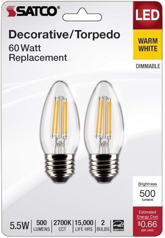 Satco S21837 5.5 Watt B11 LED Bulb, Clear, Medium Base, 2700K, 500 Lumens, 120 Volt, 2- Pack