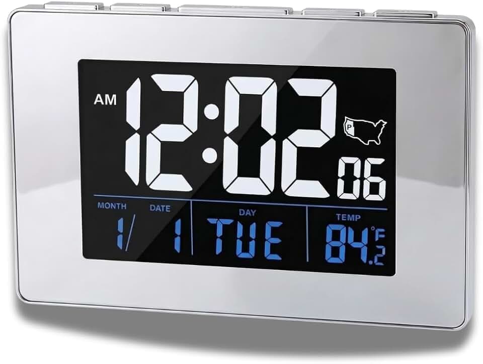Atomic Digital Clock with Large White Numbers, AC Powered for Continuous Illumination, Alarm & Snooze, Date/Day/Indoor Temperature, USB Charging Port, Desk Clock for Office or Kitchen
