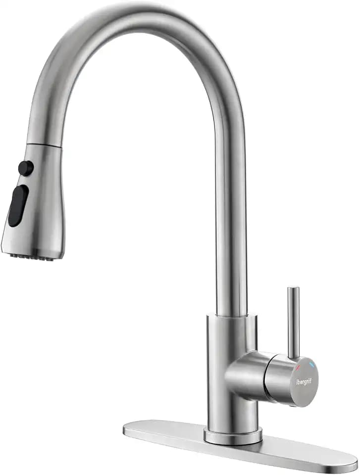 Ibergrif Pull Down Kitchen Faucet, 3 Mode Sprayer, Brushed Nickel High Arc