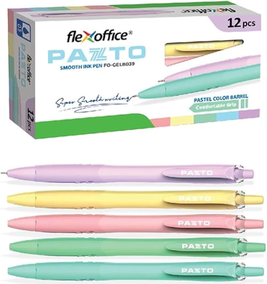FLEXOFFICE Ballpoint Pens, Blue Ink, 0.5mm Fine Point, 12 Count Pack, Smooth Ink Pens, Ball point Pens, Assorted Body Color (FO-GELB039-Blue)