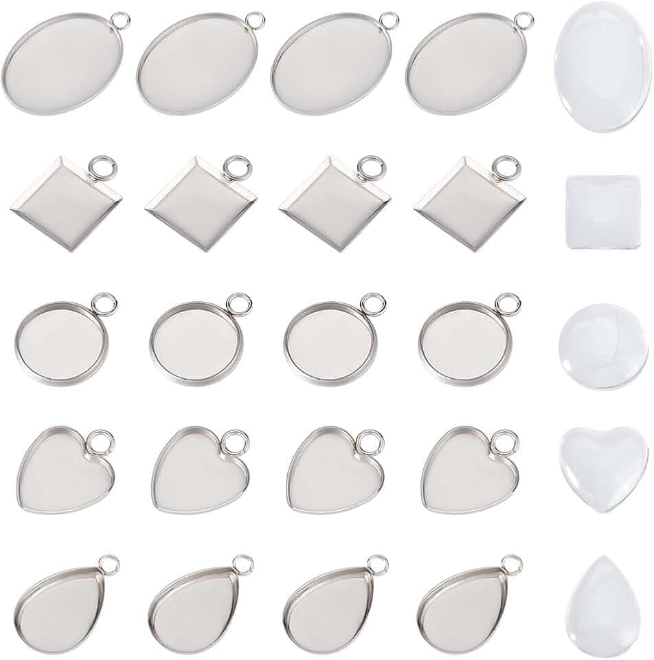 UNICRAFTALE 30 Sets 5 Styles Cabochon Pendant Settings Stainless Steel Blank Bezel Pendant Trays Oval Teardrop Heart Flat Round Square Base Cabochon Charm with Glass Cabochons for Jewelry Making