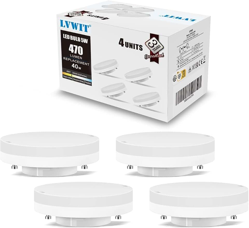 LVWIT GX53 LED Lampe 5W Warmweiß, nicht dimmbar, kein Flimmern, Ersatz 40W Glühbirne, 470Lumen, 3000K, 110 Grad, CRI>80, Einbaustrahler GX53 für Schrankleuchten, 4er Pack