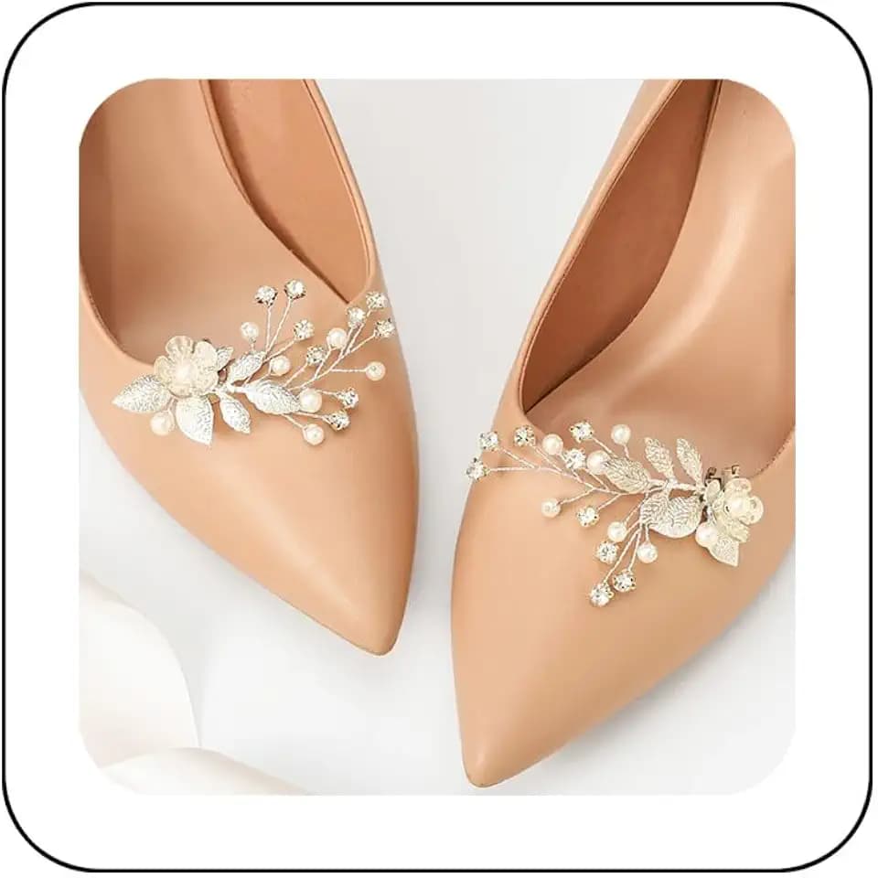 HEREAD Flower Shoe Clips for Pumps Silver Leaf Pearl Wedding Shoe Buckles Clip for Women (Pack of 2)