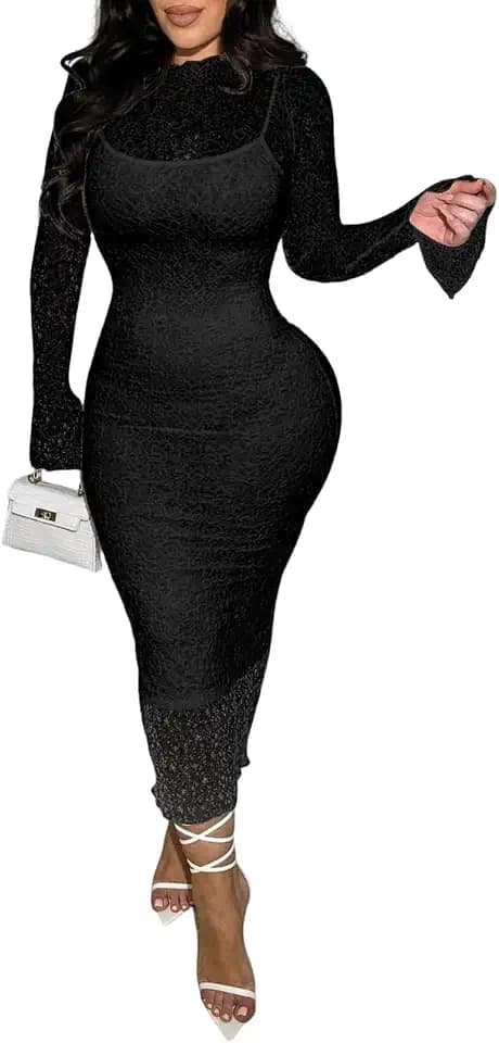 Women Sexy Long Sleeve Bodycon Midi Dresses See Through Lace Dress 2 Piece Dress Set Birthday Date Night Outfit
