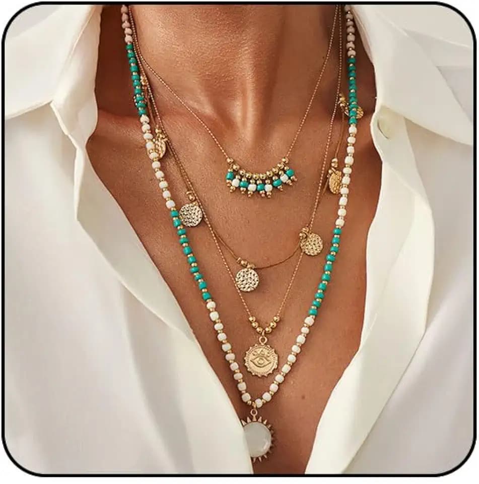 Boho Necklace Layered Western Necklaces for Women Bohemian Turquoise Beaded Necklaces Gold Coin Sun Pendant Necklace Country Concert Western Jewelry Set Cowboy Cowgirl Accessories