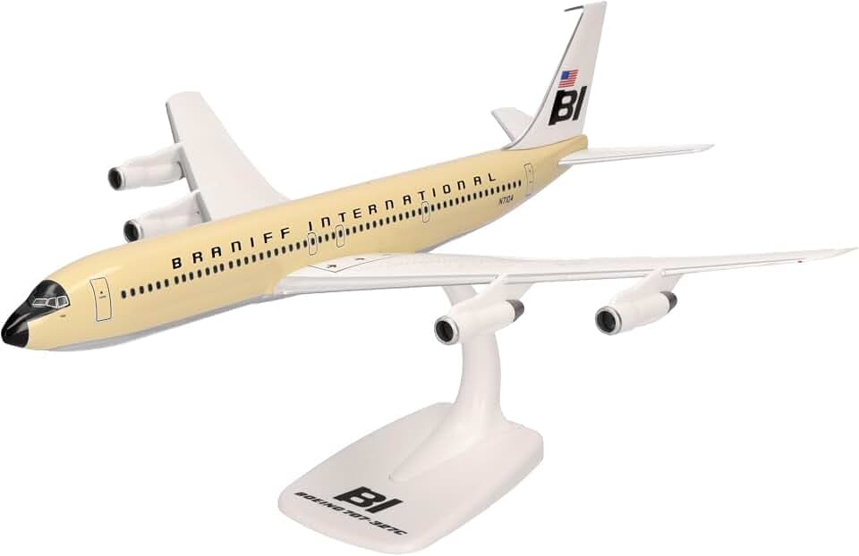 Herpa Snap-Fit Modellflugzeug Braniff International Boeing 707-320, Miniatur im Maßstab 1:144, Sammlerstück, Modell mit Standfuß, Kunststoff, Beige
