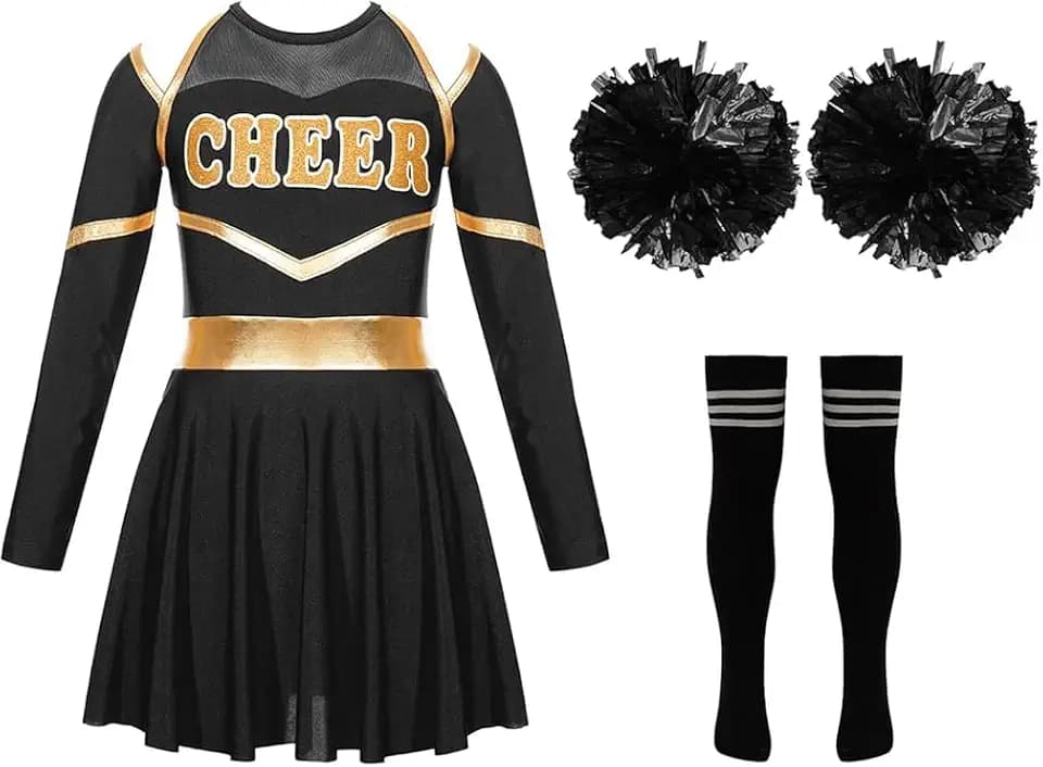 Cheerleader Kostüm, Karneval Kostüm, Faschingskostüme Cheerleader Langarm Kleid mit Pompoms Socken und Kopfschmuck