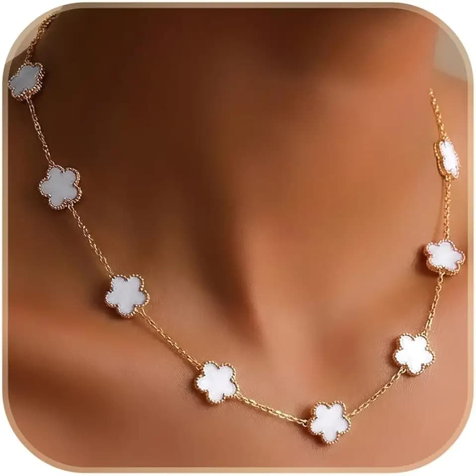 Billet-doux 18k Gold Plated 10-Motif Clovers Necklace for Women, Perfect Valentine's Day Gifts for Her, Exquisite 5-leaf Flower Motif Clovers with Classic Beaded Edge on a Link Chain, Jewelry Gift