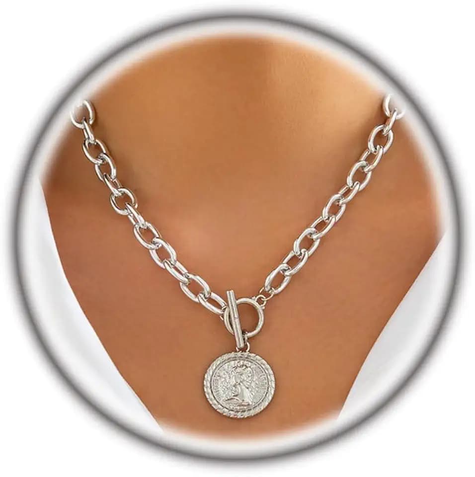 Gold Coin Pendant Choker Necklace for Women,Chunky Silver Paperclip Chain Ot Necklaces Boho Statement Collar Necklace,Charm Beach Jewelry Accessories