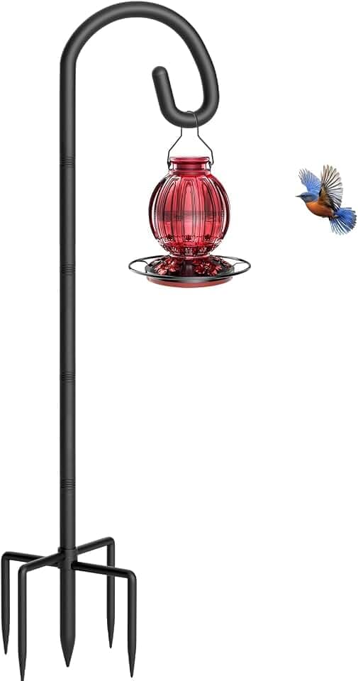 Shepherds Hook for Bird Feeder, 60" Heavy Duty Bird Feeder Pole with 5-Prong Base, Extra Thick Metal Shepherd Hook for Outdoor Hanging Plant Basket, Hummingbird Feeder, Solar Lantern, Black, 1 Pack