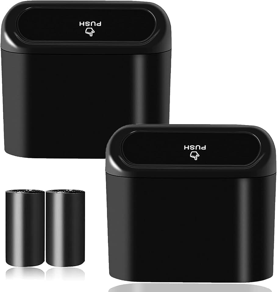 Car Trash Can Bin with Lid - 2 Packs Universal Black Vehicle Mini Leakproof Garbage Can Bin with 40pcs Trash Bags Car Organizers and Storage for Front Back Seat Accessories for Auto Office Home