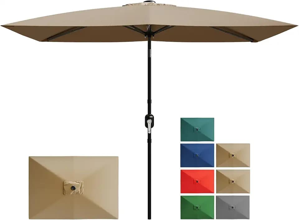 Garvee 10' x 6.5' Rectangular Patio Umbrella, Outdoor Table Umbrella with Crank and Push Button Tilt, Market Umbrella Sun Umbrella with 6 Sturdy Ribs Tilt for Garden, Deck, Lawn, Pool -Tan