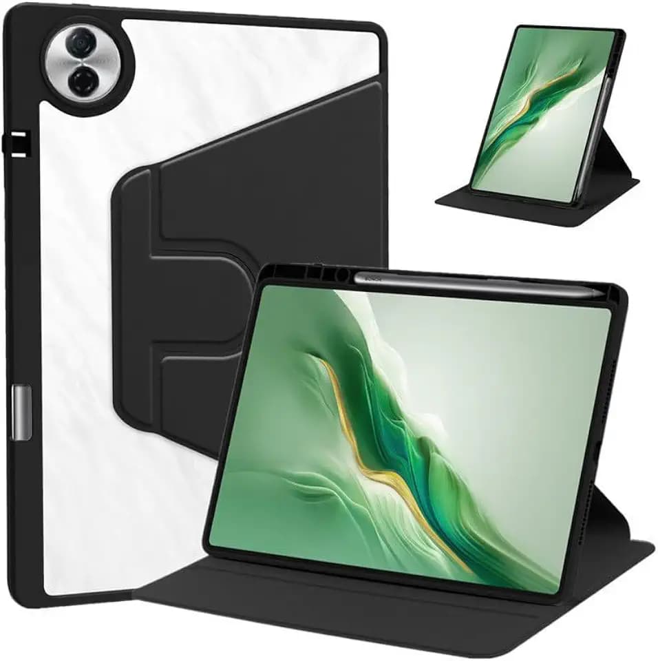Hülle Kompatibel mit Honor Pad 10, 360 Grad Drehbarer Schutzhülle mit klappbarem Ständer/Stiftschlitz, PU-Leder + Klare Acrylhülle, Schwarz