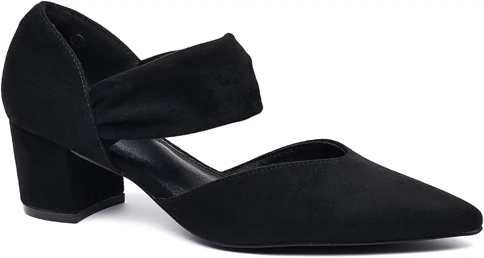 Women's Closed Pointed Toe Low Chunky Block Heels Strap Pumps