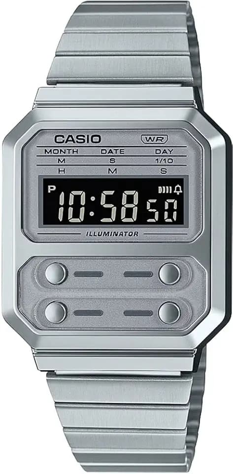 Casio A100WE-7B Men's Vintage Collection Silver Tone Alarm Chronograph Backlight Digital Watch