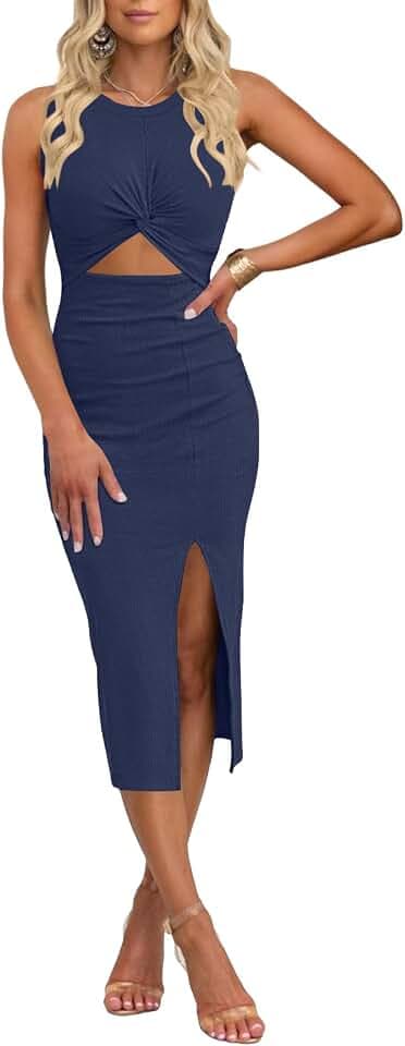 MISSJOY Frauen 2025 Lässige ärmellose Ausschnitt Twist Front Side Slit Ribbed Knit Party Bodycon Midi Kleider