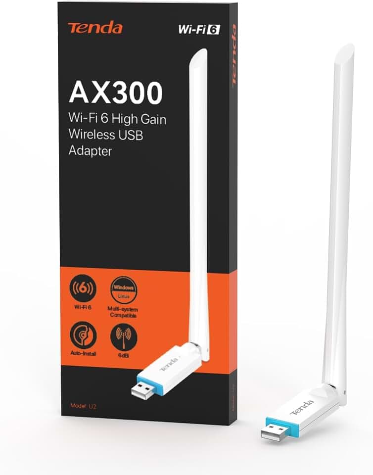 Tenda AX300 WiFi Adapter WiFi 6-286Mbps 2.4GHz, 6dBi High Gain Antenne, Wireless WiFi Adapter für Windows 11/10/7/Linux3.1+/Ubuntu, USB WiFi Dongle (U2)