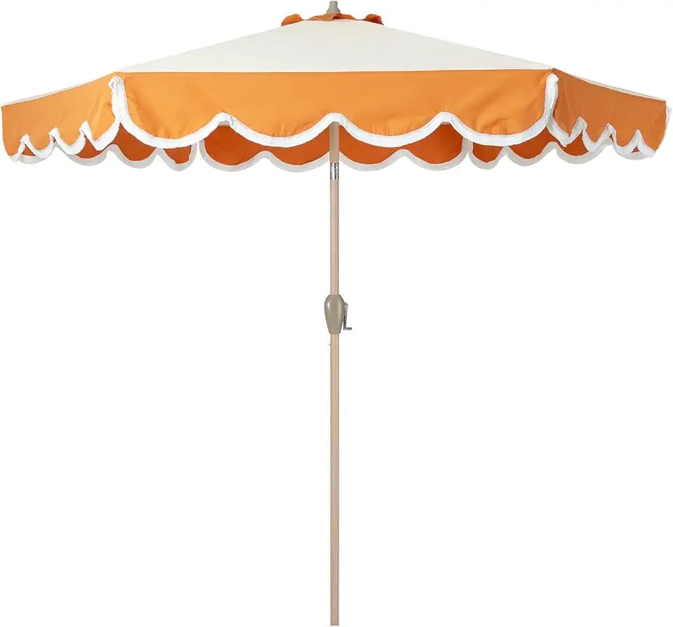 Tempera 9ft Scalloped Patio Umbrellas with Fringe, Market Umbrellas with Water-Resistant and Fade Resistant Canopy, 1.5" Wood Pole & Button Tilt.