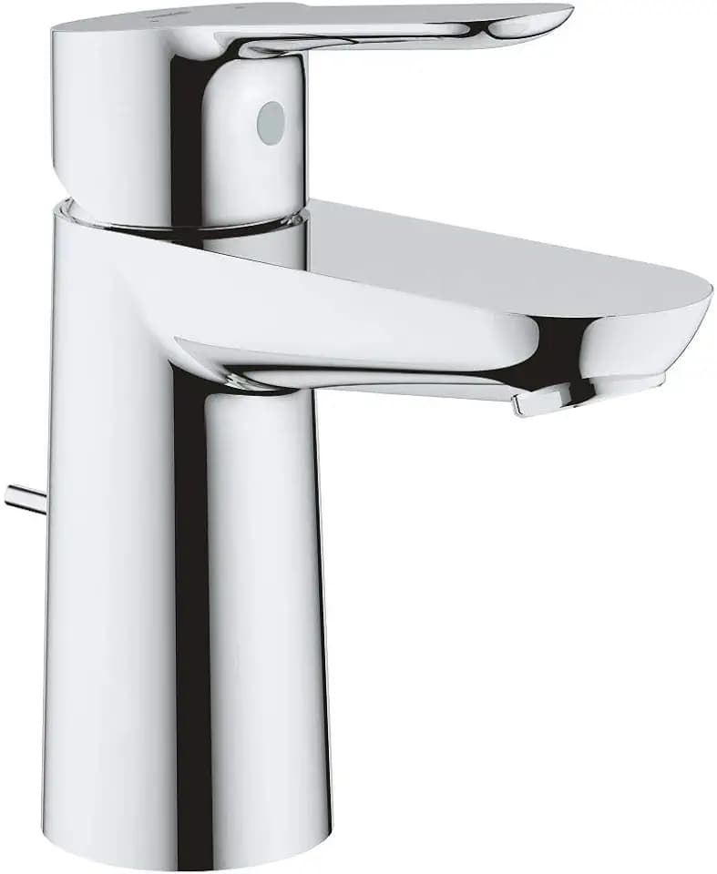 GROHE BauEdge, Waschtischarmatur, wassersparend (Wasserhahn für das Bad, 15cm hoch, Badarmatur mit Zugstangen-Ablauf, einfache Installation am Waschbecken), chrom, 23328000