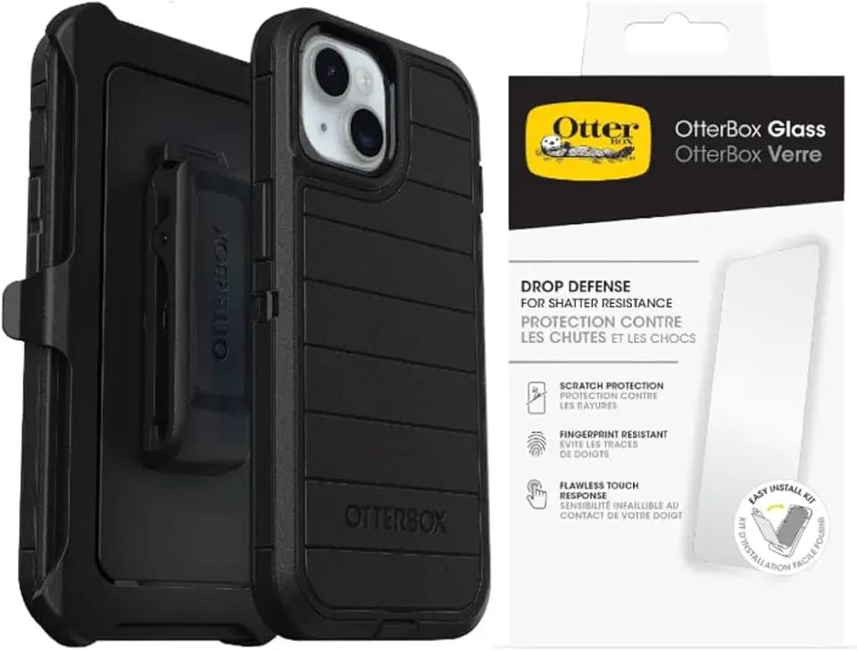 OtterBox iPhone 15 (Only) - Defender Series Case - Black - with Screen Protector - Rugged & Durable - with Port Protection - Holster Clip Includes - Microbial Defense Protection